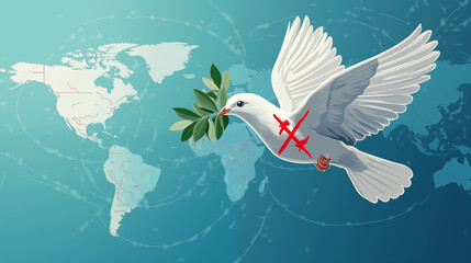 Naklejka premium A dove of peace flies with a fresh small olive leaf in its beak and a red crosshair on its body - Peace concept