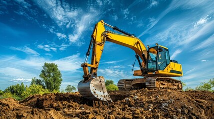 An excavator digging at a construction site under a blue sky
