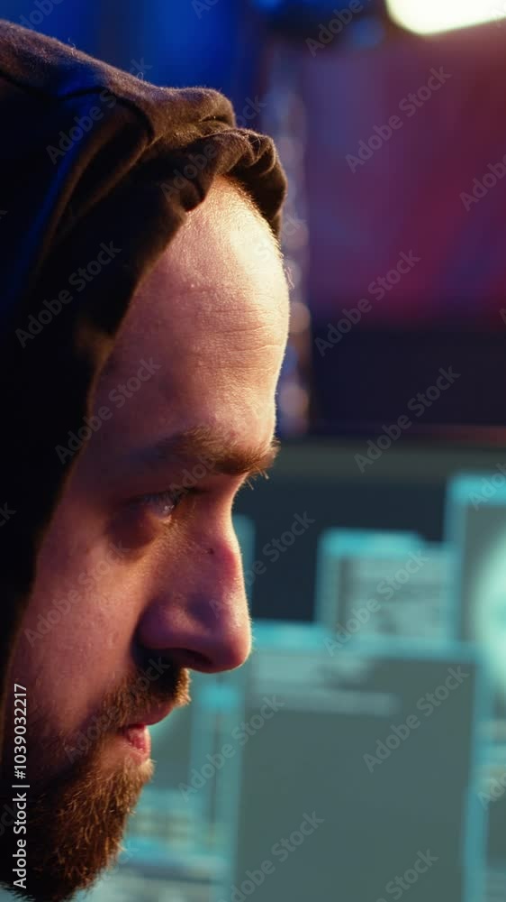 Poster vertical video hooded hacker targeting vulnerable unpatched connections, seeking to compromise digit