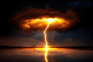 Dramatic lightning strikes over a calm lake at sunset with dark clouds in the background