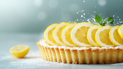   Lemon tart with sliced lemons and fresh mint sprinkled with sugar on a white table against a gray backdrop