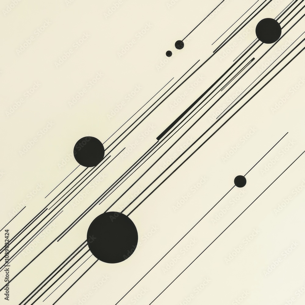 Fototapete diagonal black lines intersect with circles of different sizes on a light backdrop, creating a strik