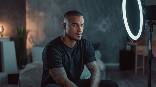 Tattooed man recording with ring light in urban loft &ndash; high contrast content creation with hard lighting and modern industrial decor.