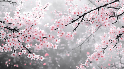 Delicate cherry blossoms in soft pink and white, contrasted by bold black branches, with subtle shading adding depth and elegance. Copy space