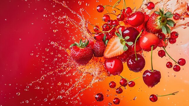  A splash of strawberries and cherries against a reddish-yellow backdrop, surrounded by water droplets