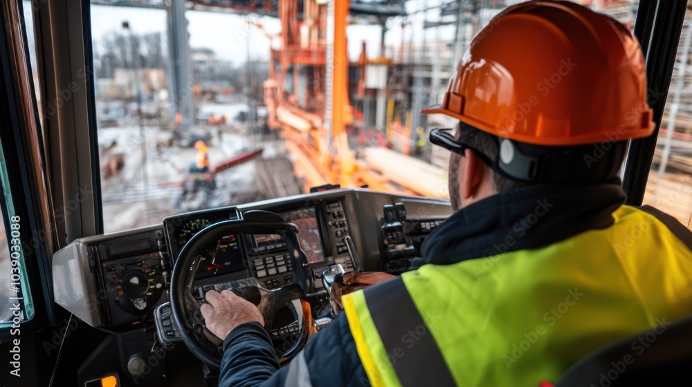 Poster A crane operator in a high-visibility vest and helmet, operating the crane controls with a large construction site visible through the cab鈥檚 window, Construction site scene