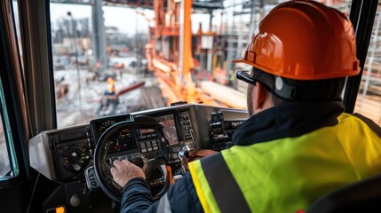 A crane operator in a high-visibility vest and helmet, operating the crane controls with a large construction site visible through the cab鈥檚 window, Construction site scene