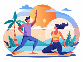 A joyful couple practicing yoga together on a beach during sunset surrounded by palm trees and a vibrant sky
