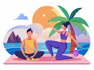 Two individuals practicing yoga by the beach during sunset, with palm trees and ocean waves in the background