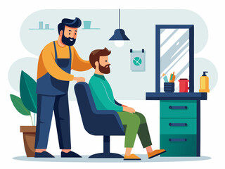 A barber styles a man's hair in a modern salon setting with a mirror and colorful products on the counter during the daytime