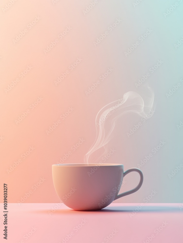 Poster The warm steam rises gracefully from a tea cup placed on a minimalistic table, creating a serene and inviting atmosphere. Generative AI