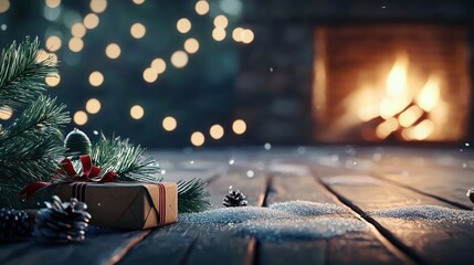   A Christmas present sits on a wooden floor beside a fireplace and in front of a Christmas tree