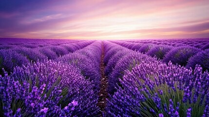 Obraz premium A field brimming with purple lavender blooms beneath a vivid purple sky, bathed in sunlight filtering through distant cloudy gaps