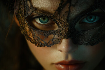 mysterious woman with intense gaze wearing an intricate lace mask