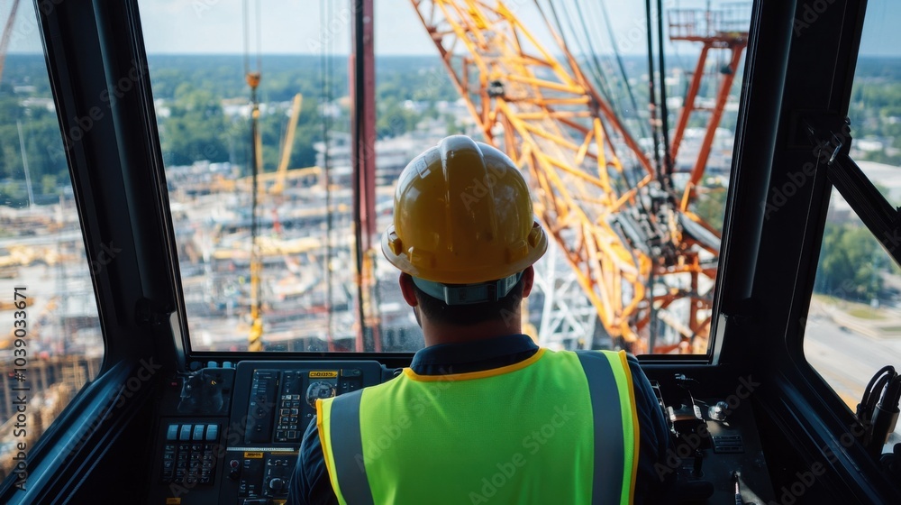 Poster a crane operator in a neon safety vest and hard hat, operating the crane controls with a view of the