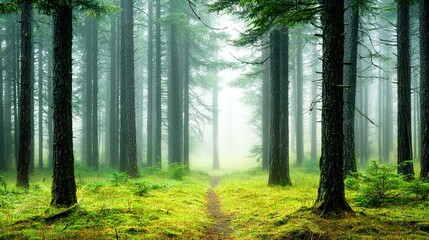 Obraz premium A winding path, shrouded by dense foliage and towering tree trunks, leads deeper into the heart of the forest The ethereal mist enveloping the trail