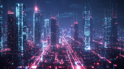 AI-driven business operations managed from a glowing grid-like city