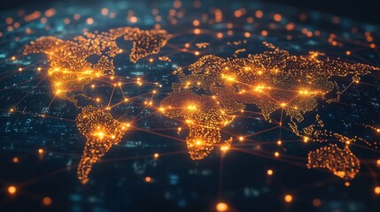 Obraz premium A glowing, interconnected world map with lines representing connections.