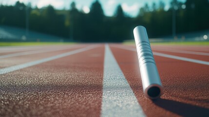 A track and field's relay baton passing between hands, outdoor setting with blurred background, Action style