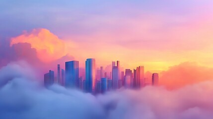 Fototapeta premium A photo of a city shrouded in clouds with a pastel-colored sky in both the background and foreground