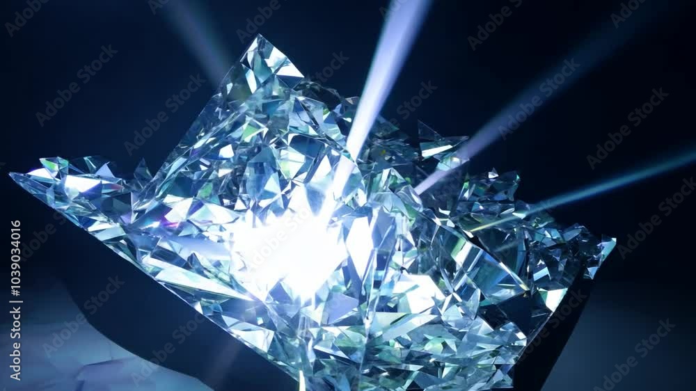 Poster a piece of transparent blue glass with sharp edges. it is lit from below and casts a shadow on a bla