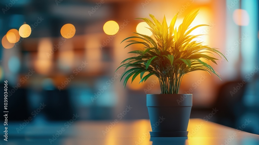 Poster blurry silhouette of desk plant in a corporate office captured with a bokeh effect creating a calmin