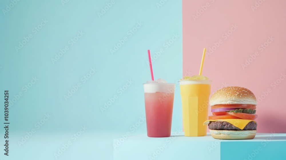 Aufkleber two refreshing drinks sit beside a delicious burger, creating a colorful and inviting atmosphere ide