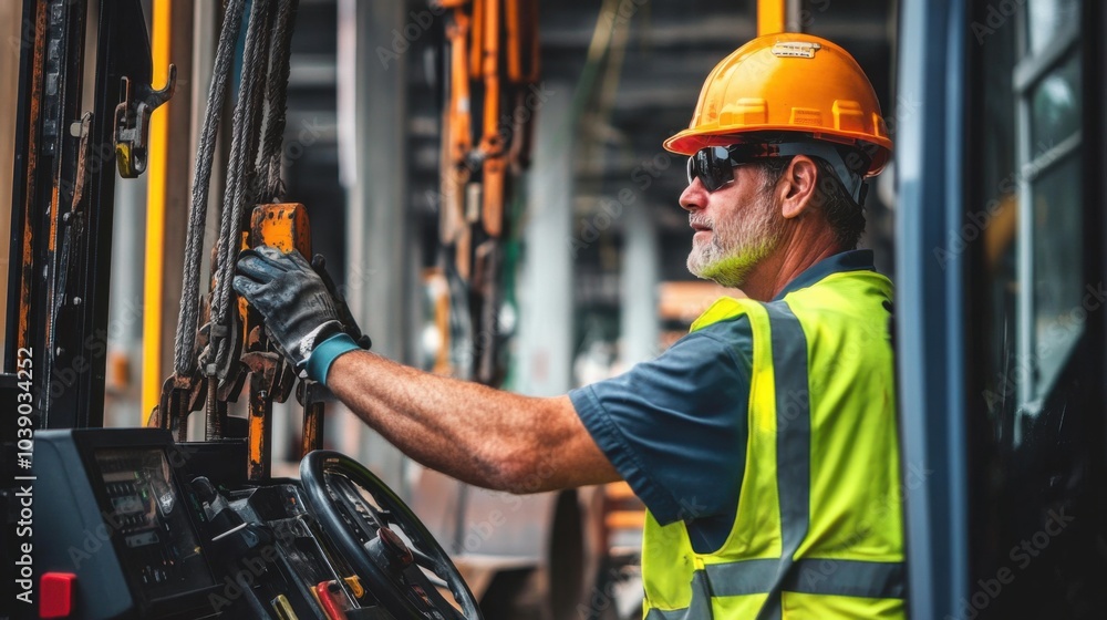 Poster a crane operator in a neon safety vest and helmet, adjusting the crane's load with a construction si