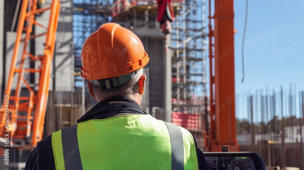 Poster a crane operator in a neon safety vest and helmet, adjusting the crane's load with a construction si