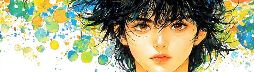 Fototapeta premium Mature Anime Style Woman Portrait with Colorful Background