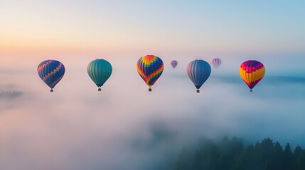 Obraz premium A group of hot air balloons flying above a foggy forest at dawn with low-lying clouds