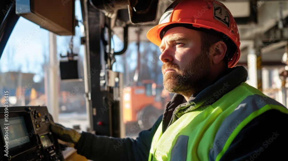 Poster a crane operator in a neon safety vest and helmet, adjusting the crane's load with a construction si