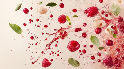 Fototapeta premium Raspberries, leaves, water, and ice on a white surface with a splash of water
