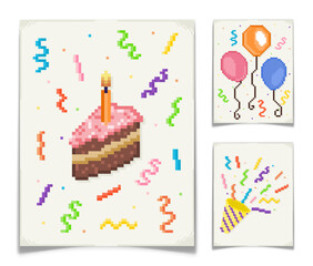 Pixel Art Birthday Postcard Set, 8-Bit Retro Style