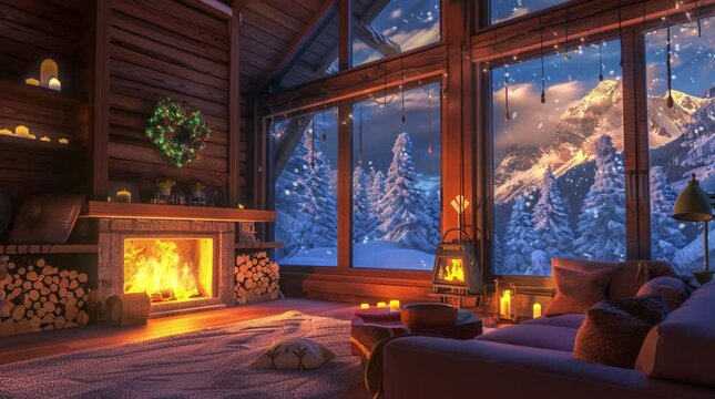 Cozy warm room with a glowing fireplace and a window overlooking a snowy winter landscape  
Seamless looping 4k time-lapse virtual video animation Generated AI