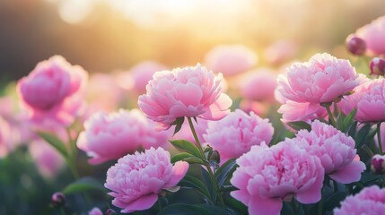 Fototapeta premium Pink Peonies in a Field of Flowers at Sunset