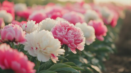 Close-up of pink and white peonies in a field with green foliage