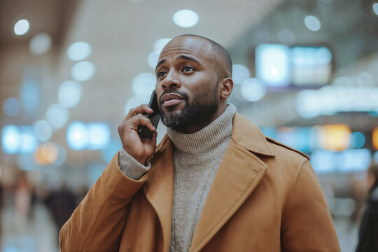 A black man is talking on his cell phone in an airport terminal while wearing a brown coat.