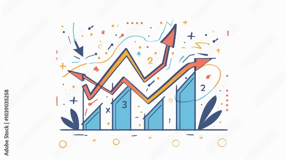 Poster a simple flat illustration upward trending graph lines with an arrow pointing up at the top on white