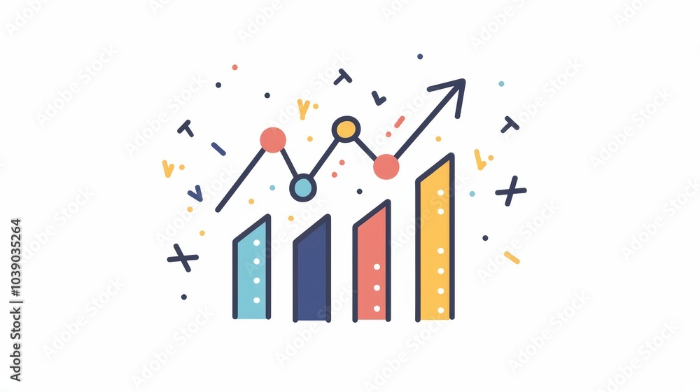 Poster a simple flat illustration upward trending graph lines with an arrow pointing up at the top on white