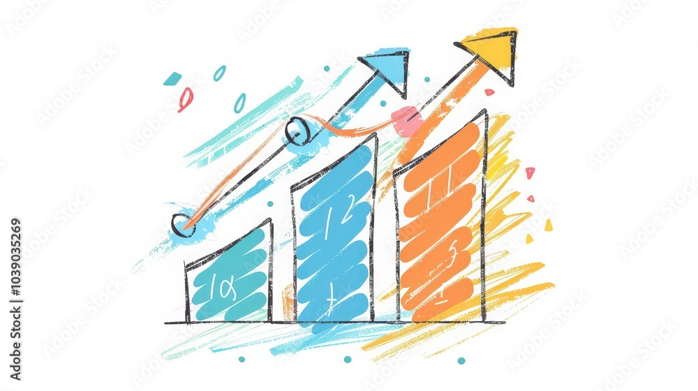 Poster a simple flat illustration upward trending graph lines with an arrow pointing up at the top on white