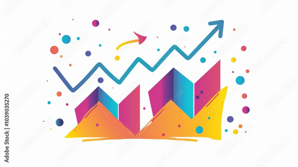 Poster a simple flat illustration upward trending graph lines with an arrow pointing up at the top on white