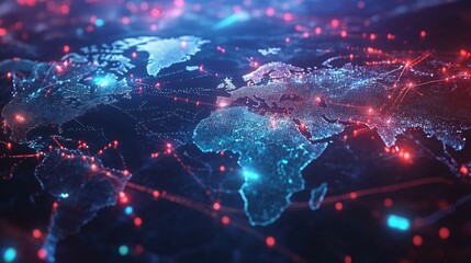 A Digital World Map with Red and Blue Lights and Lines Connecting Cities