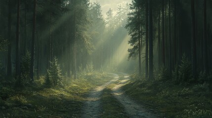 Fototapeta premium Sunbeams Filtering Through a Foggy Forest Path