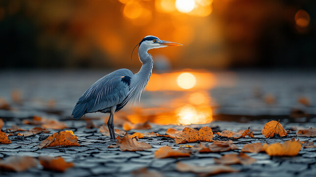 Heron Standing on Cracked Dry Mud in a Drought-Stricken Wetland at Sunset Fall Foliage Climate Crisis Environmental Disaster
