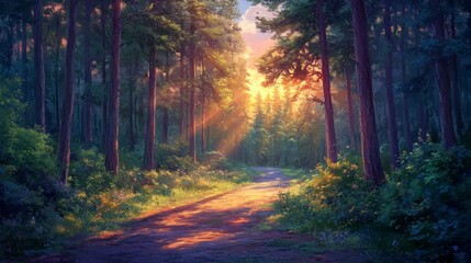 Sunbeams Illuminating a Forest Path