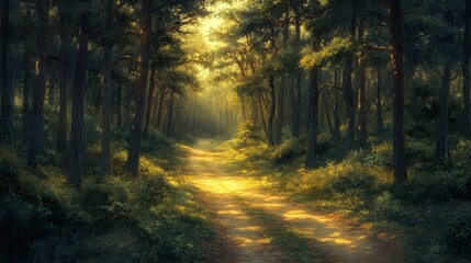 Fototapeta premium Sunbeams Illuminating a Path Through a Dense Forest