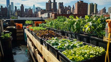 A wide-angle shot of an urban aquaponics setup on a rooftop, utilizing vertical space for maximum yield