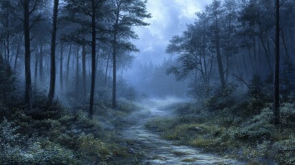 A Misty Forest Path Winding Through Tall Trees