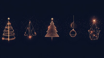 Glowing lines form minimalist silhouettes of Christmas trees and ornaments, illuminating a dark backdrop during the holiday season. Generative AI